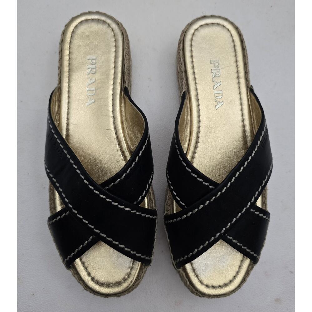 Womens Prada Leather Cross Strap Espadrille Platform Sandals Black Eu 37.5/7.5US - Picture 4 of 13